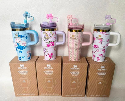 Mini Stanley Quencher H2.0 Tumbler 14 oz - LoveShackFancy Everblooming Rosettes Blue