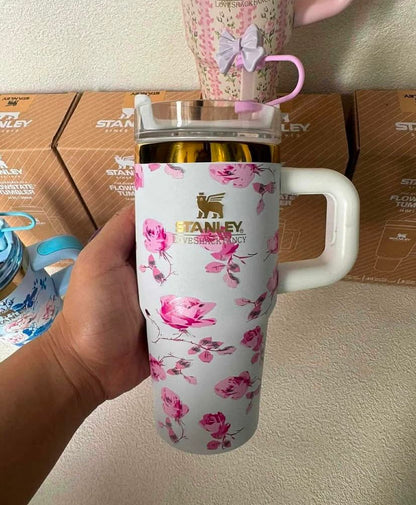 Mini Stanley Quencher H2.0 Tumbler 14 oz - LoveShackFancy White Ribbon Rosa