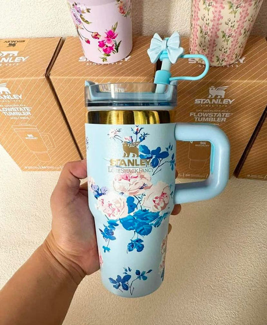 Mini Stanley Quencher H2.0 Tumbler 14 oz - LoveShackFancy Everblooming Rosettes Blue